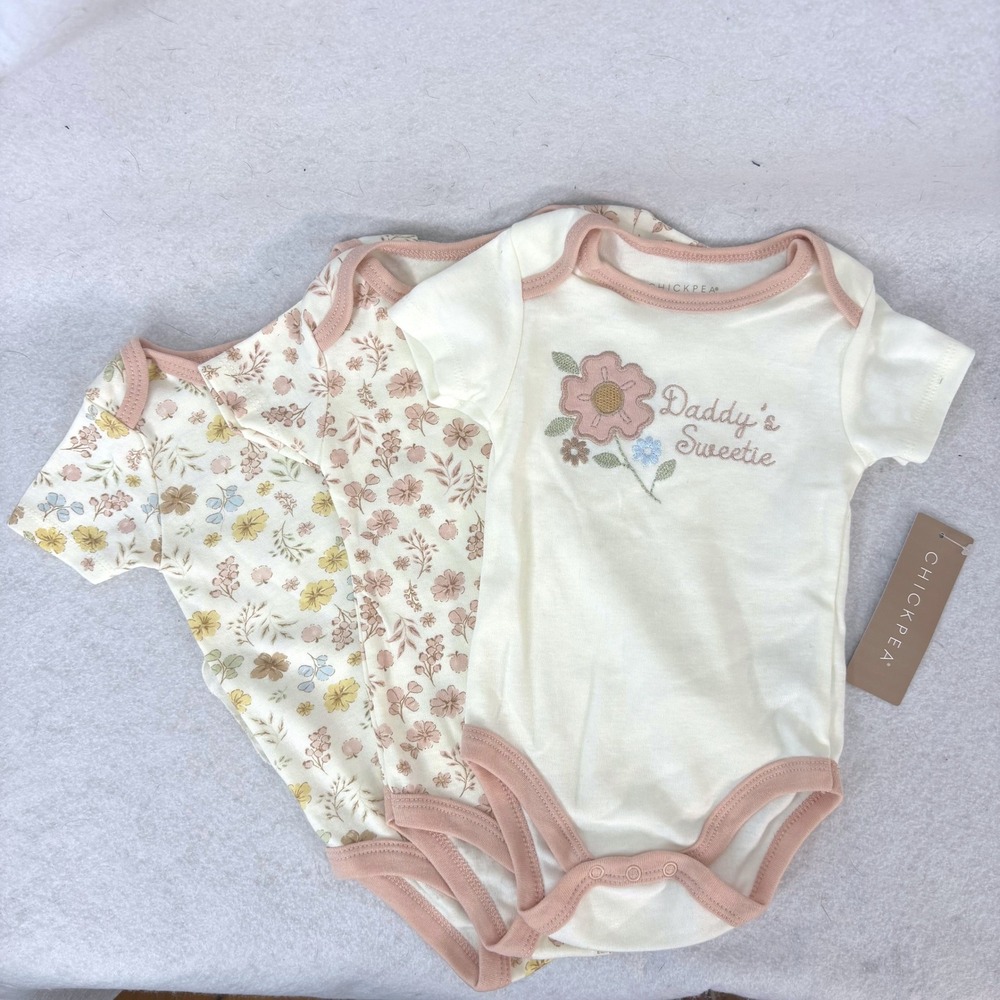 Chickpea Floral Embroidered Daddys Sweetie 3PK Bodysuit Baby Girl 6-9M Cottage